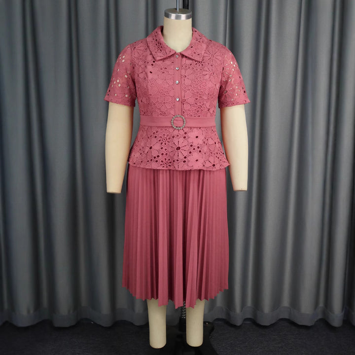 Damen elegantes Spitzenkleid mit Plissee-Rock Drune
