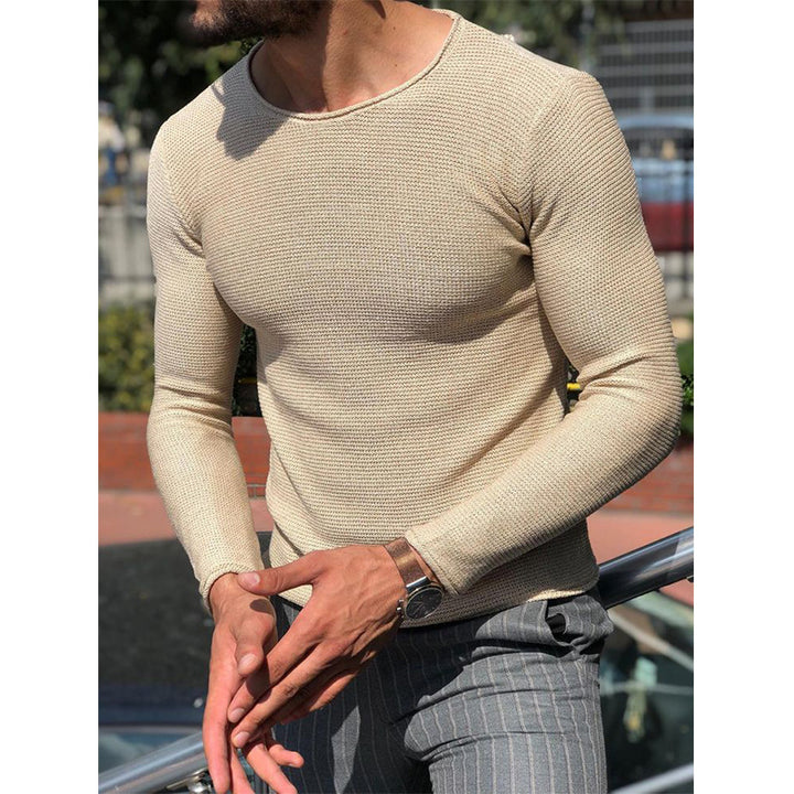 Herren Schmal geschnittener Strukturstrick-Langarmpullover mit Rundhalsausschnitt Drune