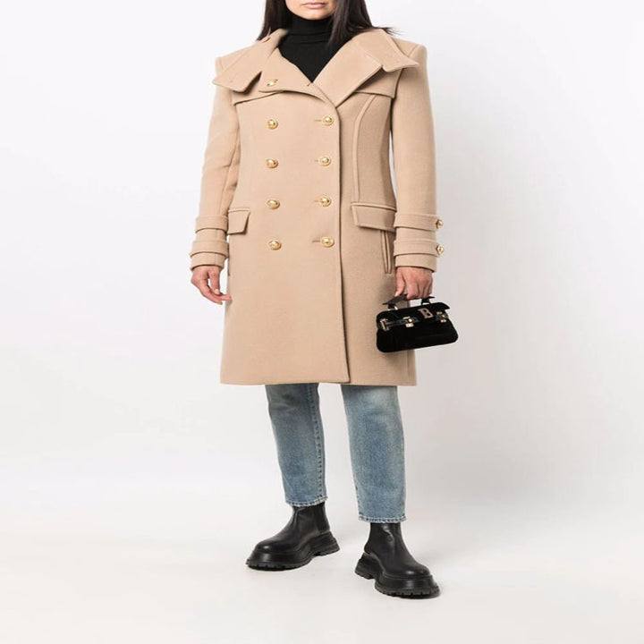 Damen Eleganter Wollmix-Longcoat im Marineinspirierten Doppelreiher mit Oversized-Schalkragen und Zierärmeln Drune