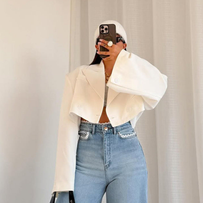 Damen Cropped-Boxy Kurzblazer mit kastiger Silhouette und überlangen Ärmeln Drune