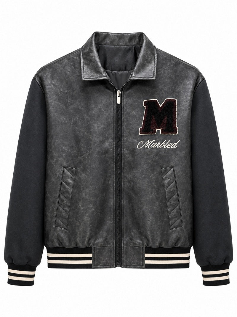Herren Varsity-Bomberjacke im Vintage-Lederlook mit Chenille-Emblem Drune