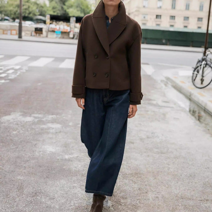 Damen Kurze doppeltreihige Boxy-Manteljacke mit weitem Revers Drune