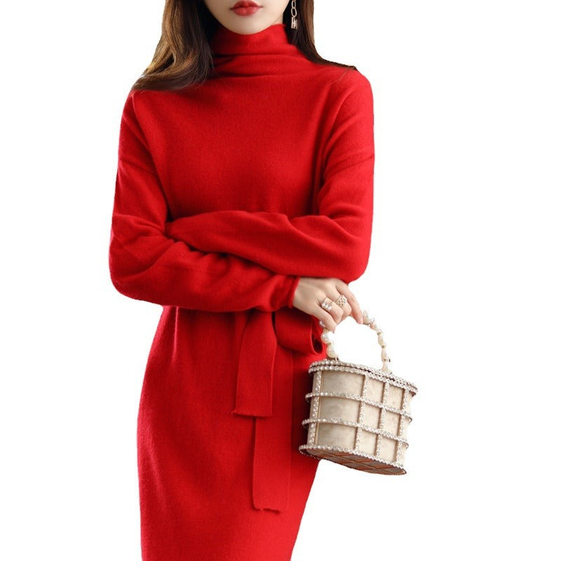 Damen kuscheliges Strickkleid mit schickem Rollkragen und taillierendem Gürtel Drune