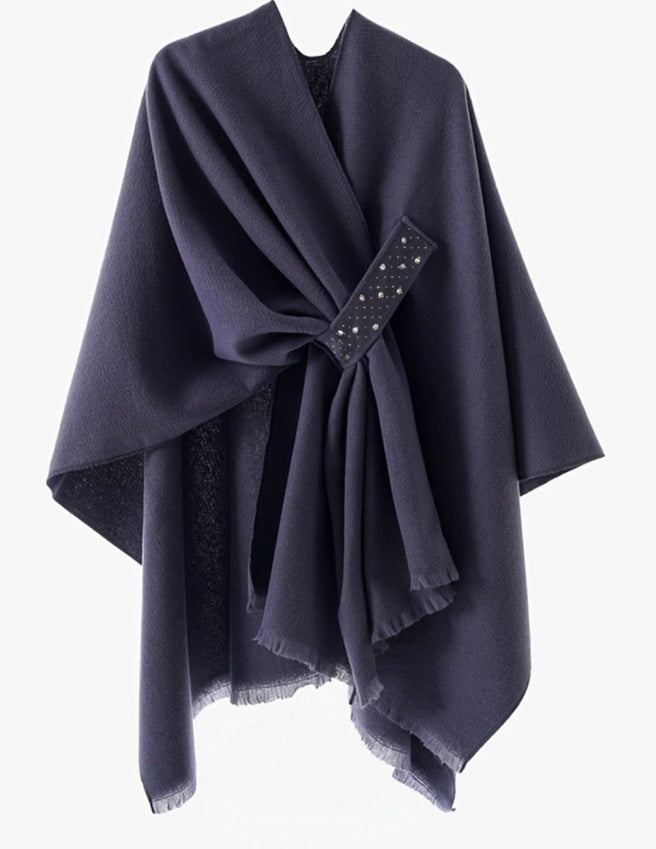 Damen Eleganter Wickel-Umhang aus Wollmischung mit Taillenschärpe und Fransensaum Drune