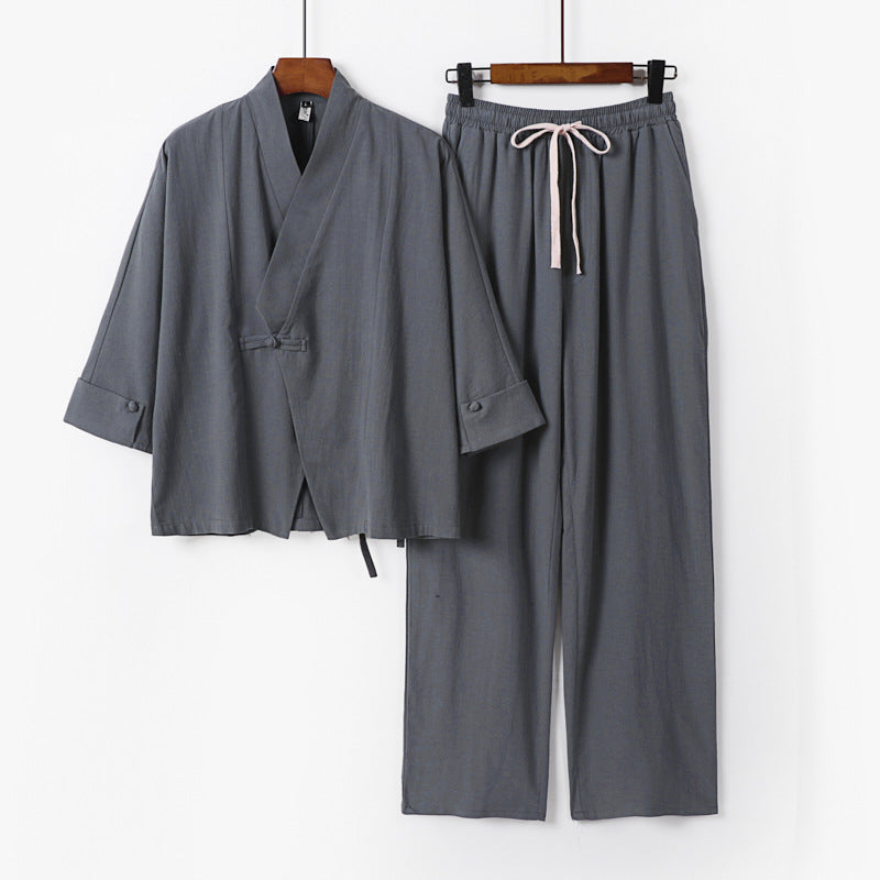 Unisex Leichtes Zen-Lounge-Set im Kimono-Stil mit überschnittener Schulter verdeckter Knotenleiste und elastischer Tunnelzughose Drune