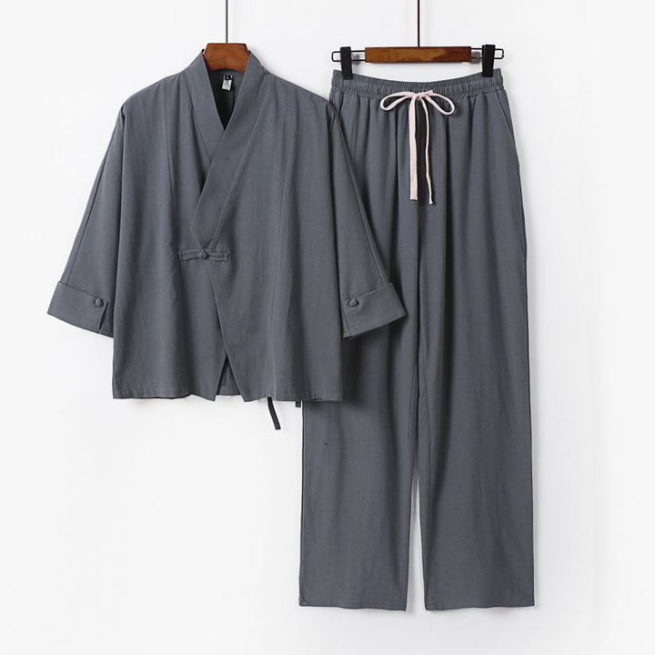 Unisex Leichtes Zen-Lounge-Set im Kimono-Stil mit überschnittener Schulter verdeckter Knotenleiste und elastischer Tunnelzughose Drune