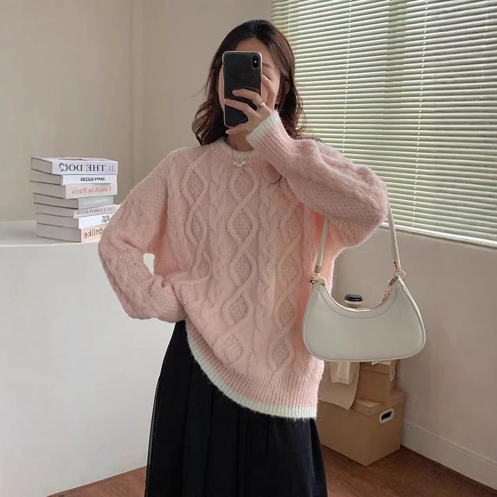 Damen Grobstrickpullover mit Zopfmuster und kontrastierendem Halsabschluss Drune