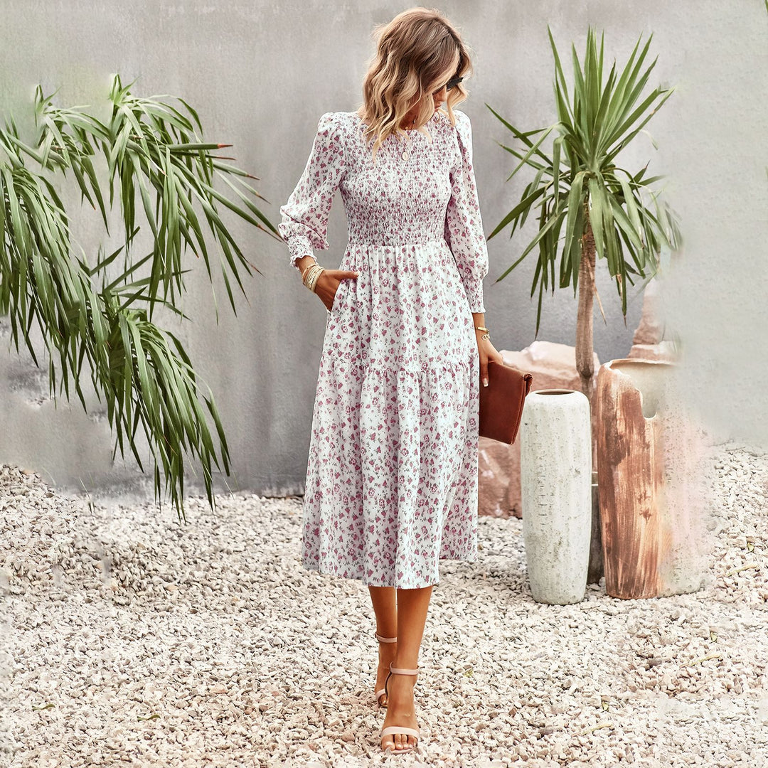 Damen florales Midi-Kleid mit geraffter Taille und langen Ärmeln Drune