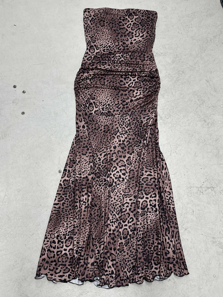 Damen elegantes Wickelkleid mit Leopardenmuster und voluminösem Saum Drune