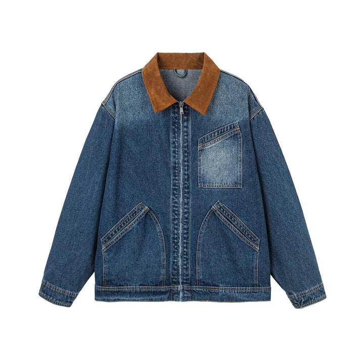 Damen Oversize-Denimjacke mit Velourslederkragen, verdecktem Reißverschluss und markanten Einstecktaschen Drune
