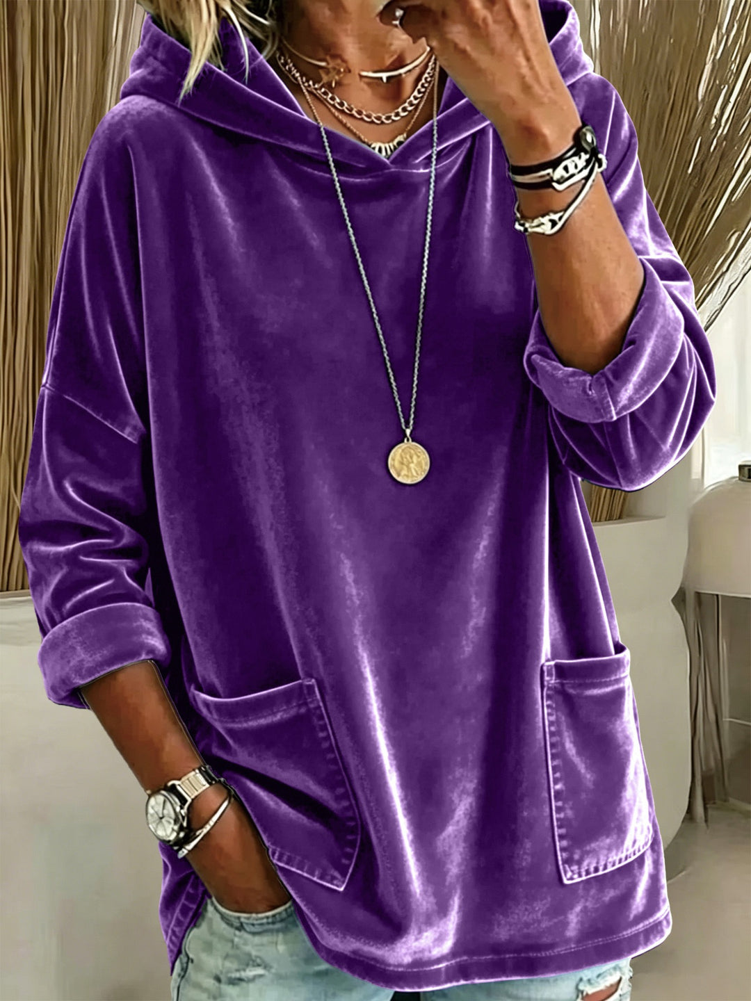 Damen Oversize Samt-Hoodie mit weiter Kapuze, Kängurutaschen und relaxter Silhouette Drune