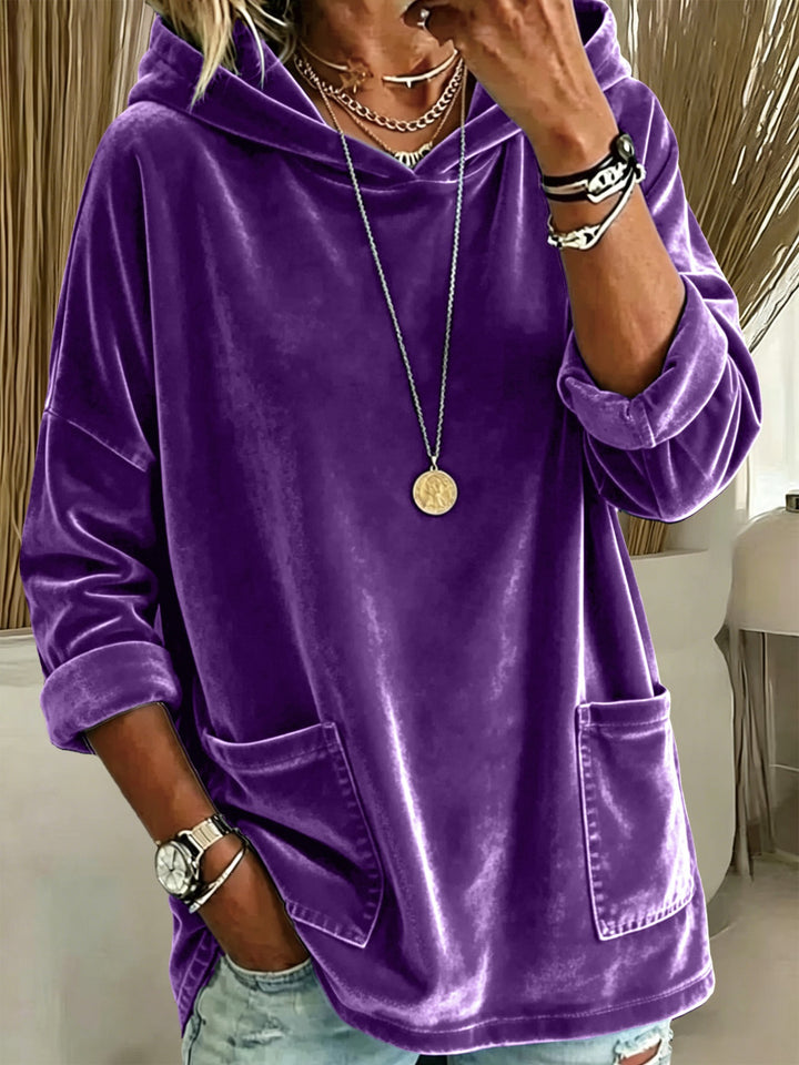 Damen Oversize Samt-Hoodie mit weiter Kapuze, Kängurutaschen und relaxter Silhouette Drune