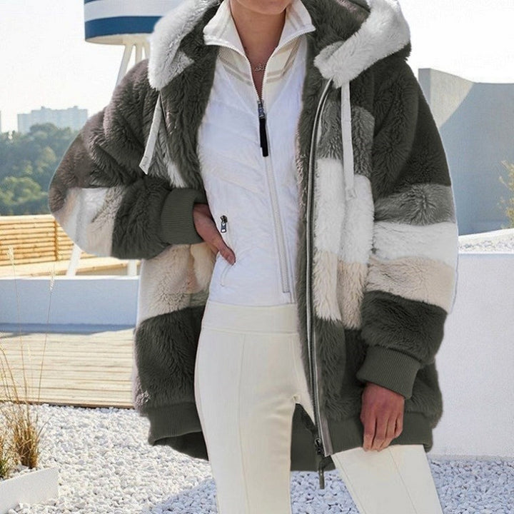 Damen nan Oversize Teddyfell-Kapuzenjacke mit Farbblock-Streifen, hochwertigem Reißverschluss und gerippten Bündchen Drune