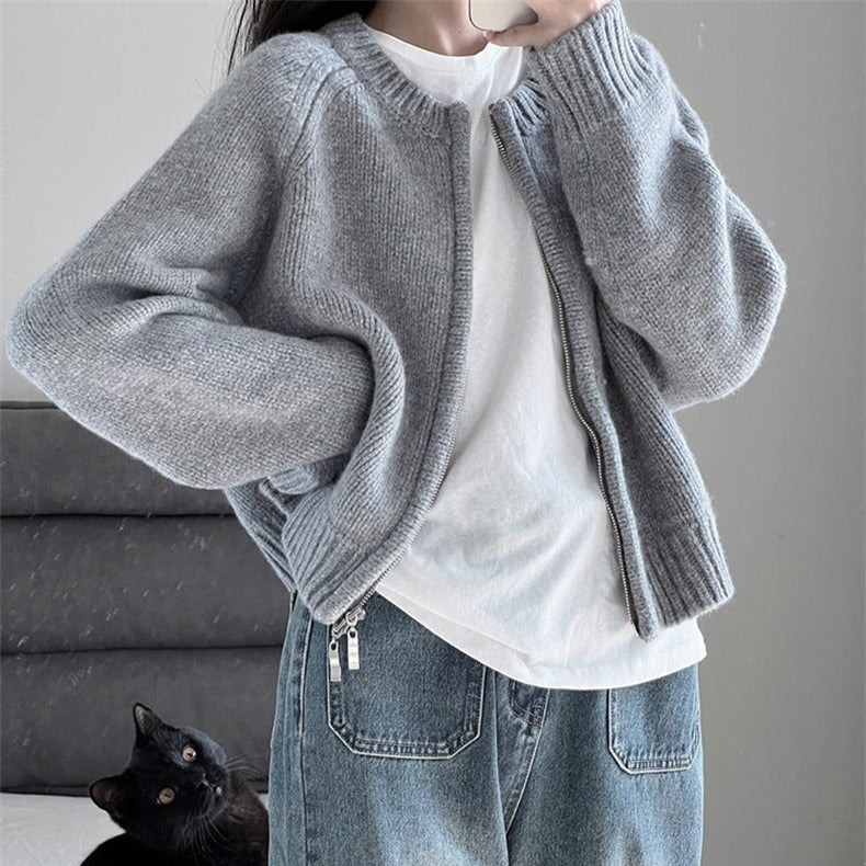 Damen lässige Strickjacke mit hochgeschlossenem Kragen und Reißverschluss Drune