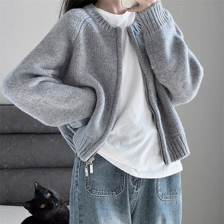 Damen lässige Strickjacke mit hochgeschlossenem Kragen und Reißverschluss Drune