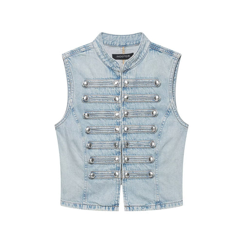 Damen Jeansweste im Military-Look mit Stehkragen und dekorativer Druckknopfleiste Drune