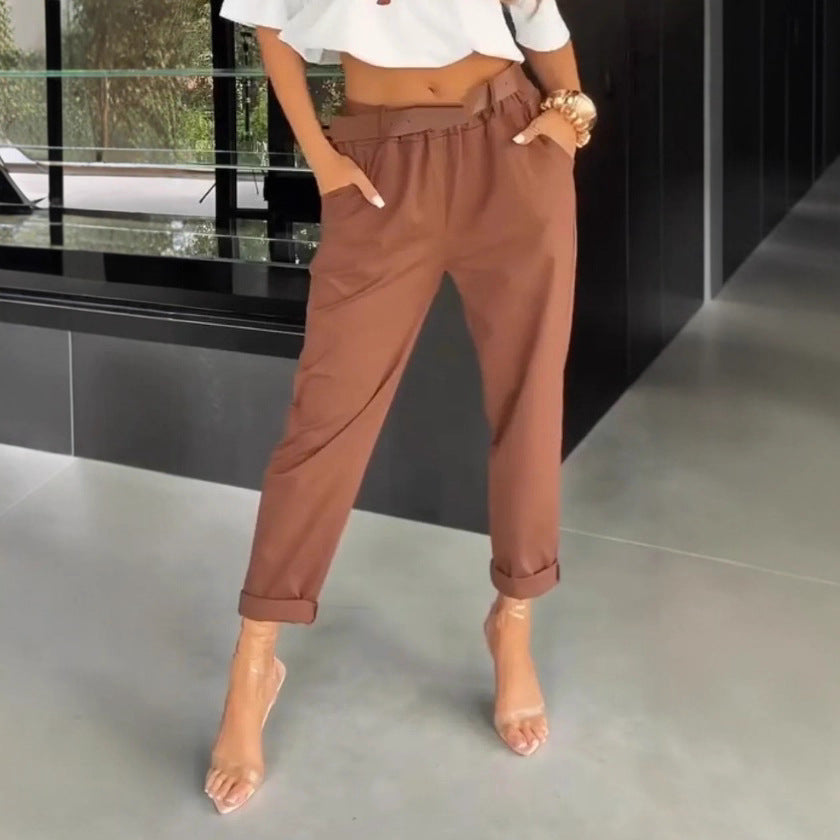 Damen nan hochtaillierte Paperbag-Hose mit gerafftem Bund, Eingrifftaschen und gekrempeltem Saum Drune