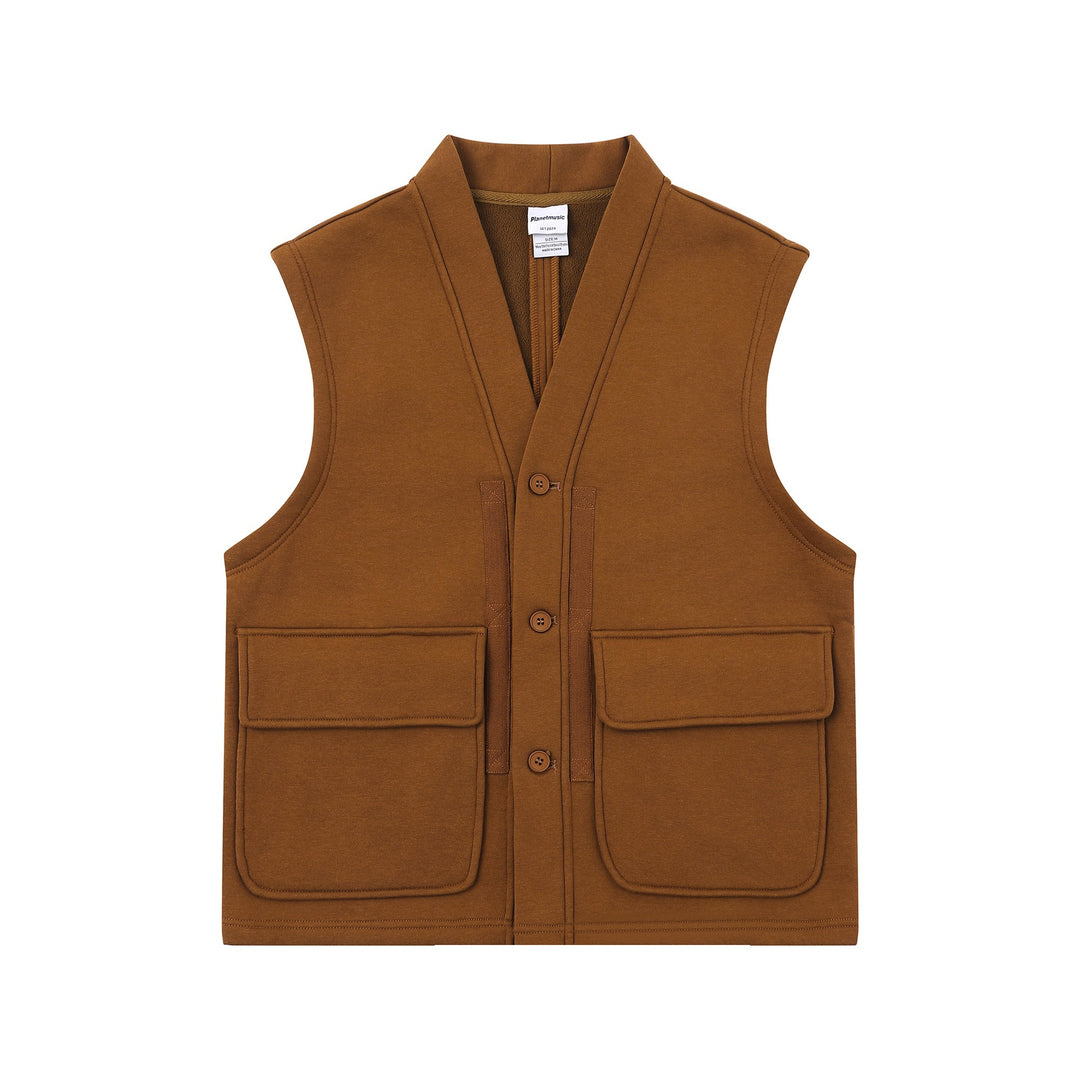 Unisex Utility‑Weste mit V-Ausschnitt, großformatigen Klappentaschen und Knopfleiste Drune