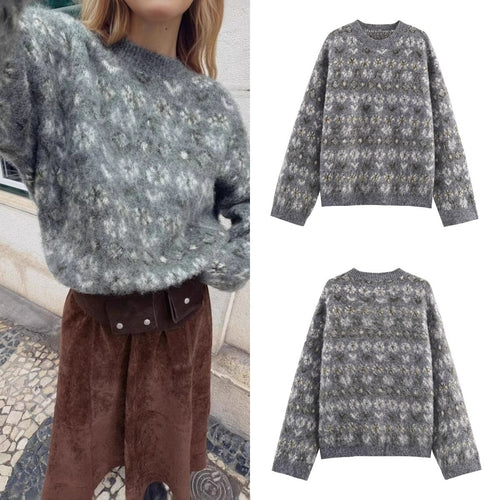 Damen Oversize Jacquard-Pullover aus weichem Mohair‑Mix mit Rundhalsausschnitt Drune