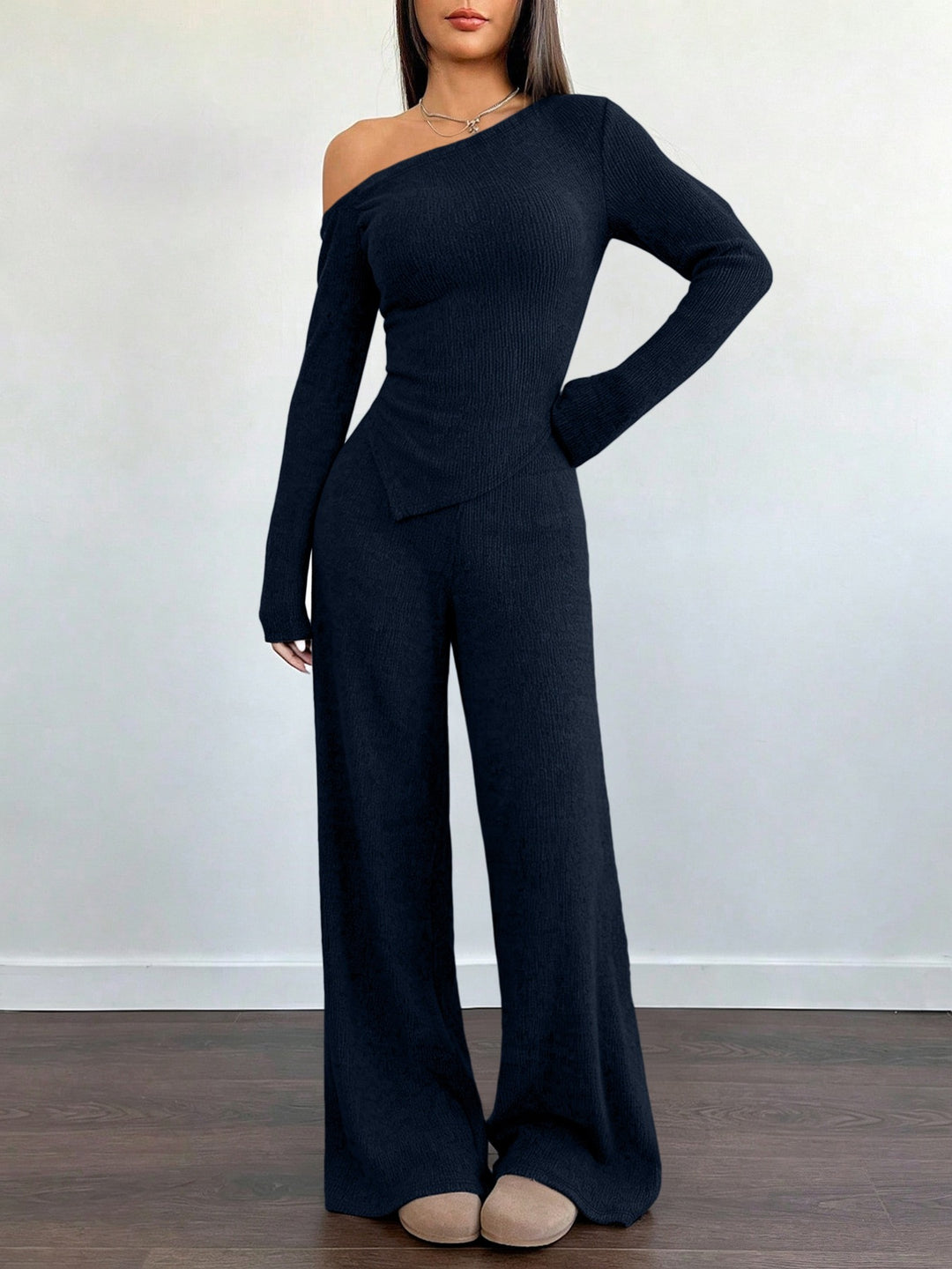 Damen Asymmetrisches Strick-Lounge-Set mit One-Shoulder-Oberteil und weitem Bein Drune