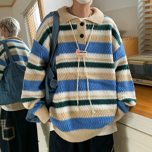 Herren lässige Strickjacke mit stylischem Kragen und kontrastierenden Streifen Drune