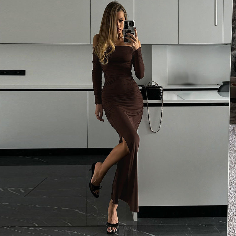 Damen figurbetontes Maxikleid mit Raffungen und elegantem Schlitz Drune