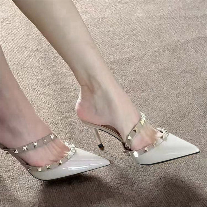 Damen Elegante spitz zulaufende Pantoletten mit doppeltem Nietenriemen und hohem Stiletto‑Absatz Drune