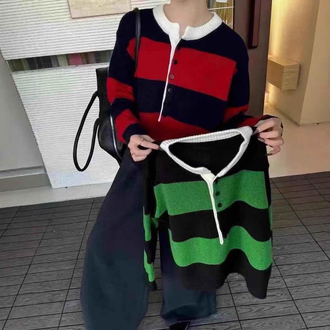 Damen kurzärmliger Strickpullover mit Knopfleiste und Kontraststreifen Drune