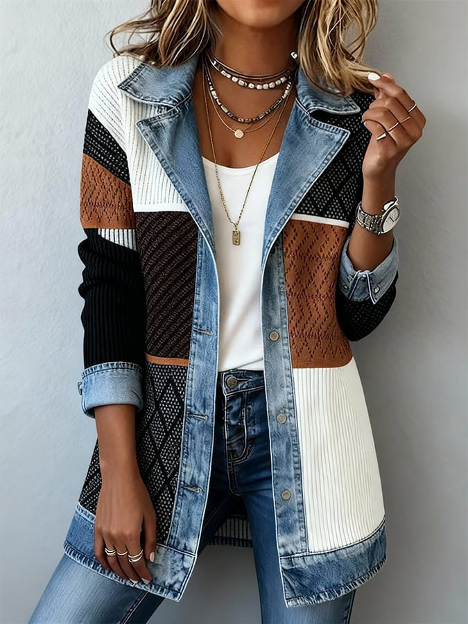 Damen Lange Strickjacke mit Denim-Kragen und Denim-Besatz Drune