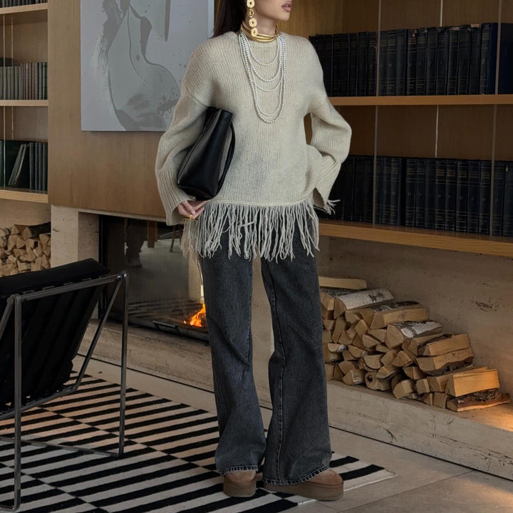 Damen Modischer Strickpullover mit Fransen Drune