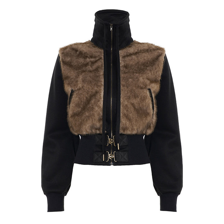 Damen Kurzjacke mit Kunstfellfront, hohem Stehkragen und tailliertem Rippbund Drune