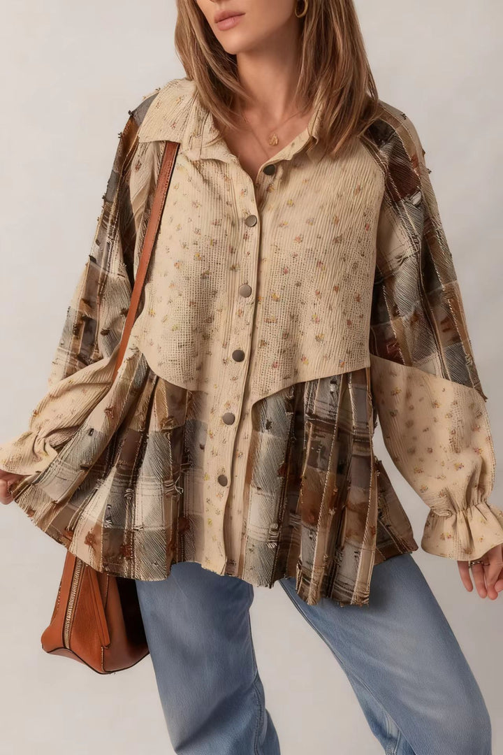 Damen Patchwork-Bluse-Jacke mit plissiertem Saum und Knopfleiste Drune