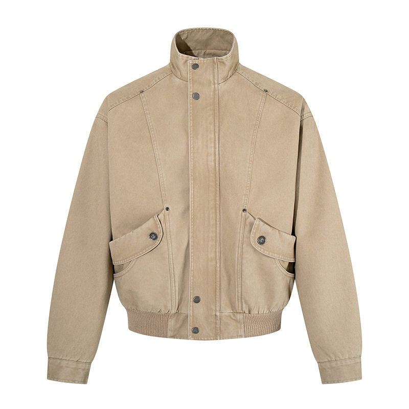 Herren Kurz geschnittene Utility-Bomberjacke aus Baumwoll-Canvas mit Stehkragen, verdeckter Druckknopfleiste und geripptem Saum Drune