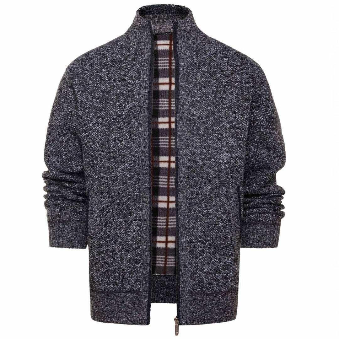 Herren gebürstete Strickjacke mit kariertem Thermofutter und Stehkragen Drune