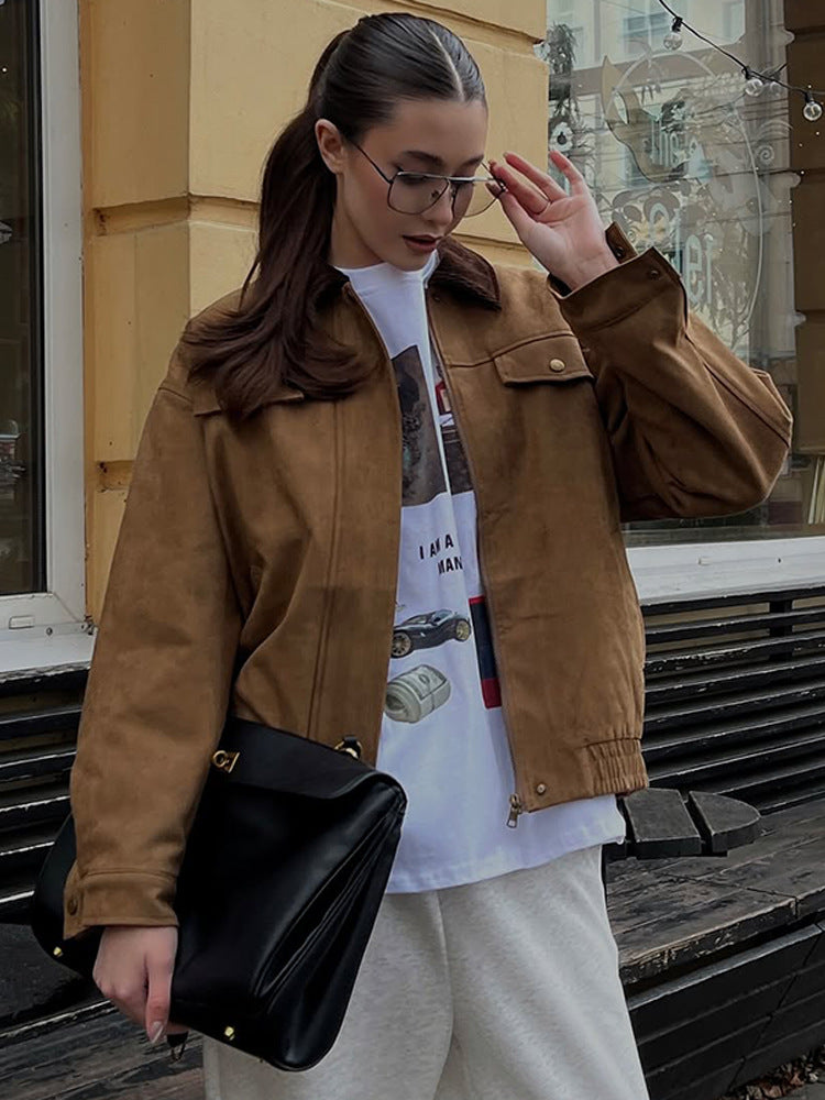 Damen Boxy-Suede-Blousonjacke mit Cordkragen und Teddyfutter Drune