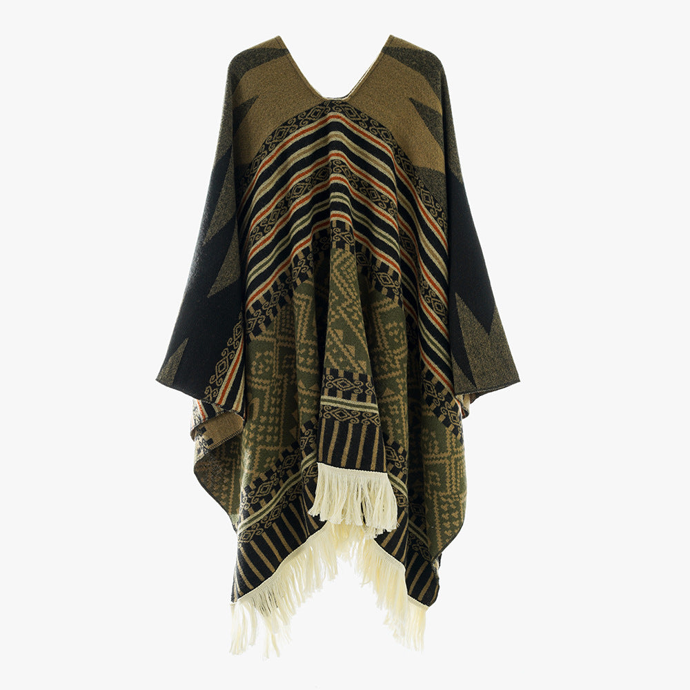 Damen Leichter Jacquard-Poncho mit Ethno-Motiv und Fransensaum Drune
