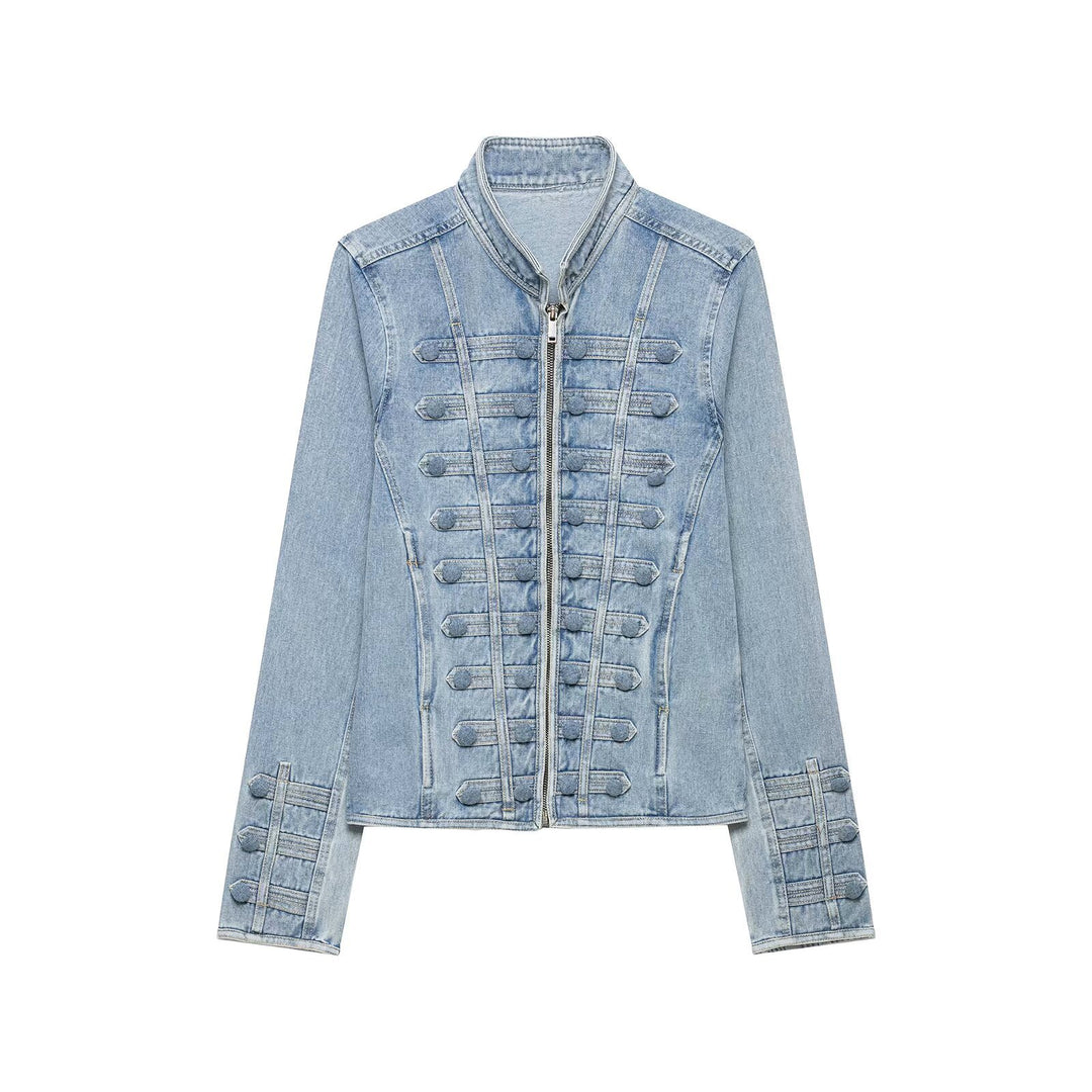Damen Taillierte Denimjacke mit militärischen Galon‑Details und Stehkragen Drune