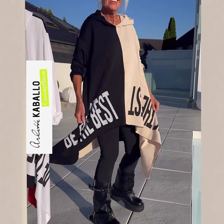Damen nan weit geschnittener Kapuzenponcho mit asymmetrischem Zipfelsaum und großflächigem Statement-Print Drune