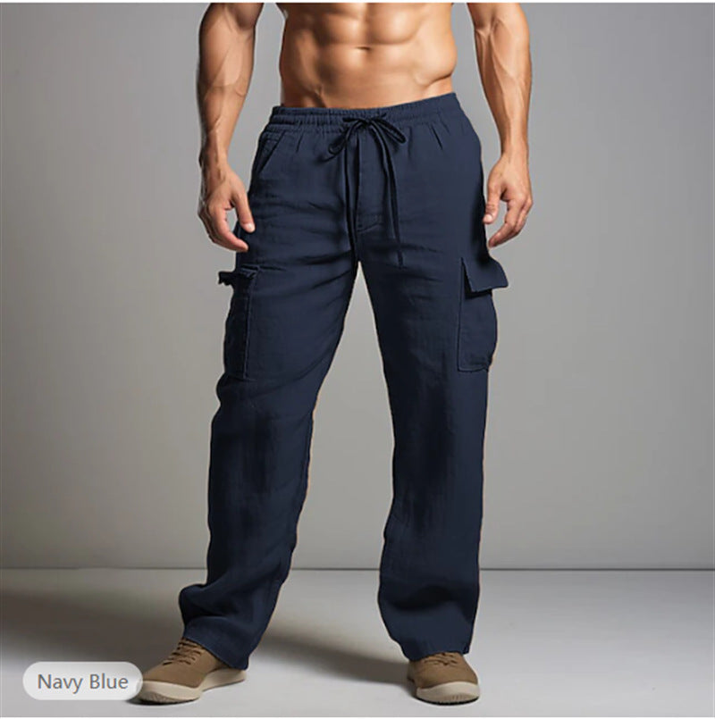 Herren leichte Leinen Cargohose mit elastischem Bund und großen Seitentaschen Drune