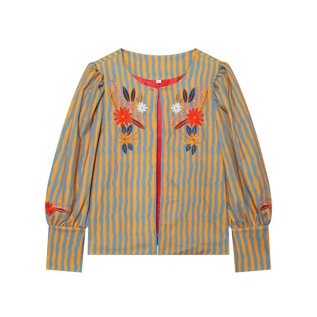 Damen Gestreifte Blusenjacke mit Blumenstickerei und Ballonärmeln Drune