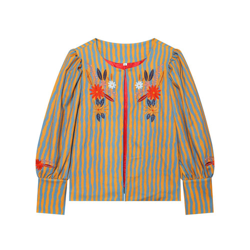 Damen Gestreifte Blusenjacke mit Blumenstickerei und Ballonärmeln Drune