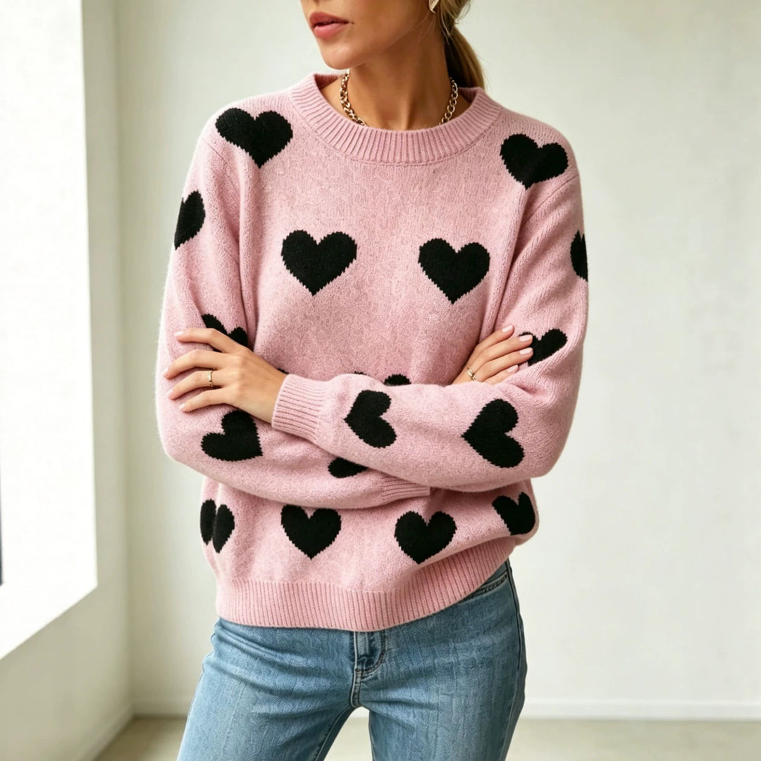 Damen Herz-Intarsien Rundhalspullover mit lässiger Oversize-Passform Drune