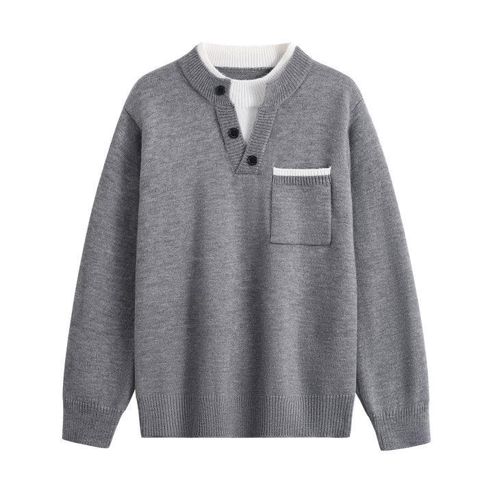 Herren Feinstrick-Henley-Pullover mit Knopfleiste, Brusttasche & Kontrastkragen Drune