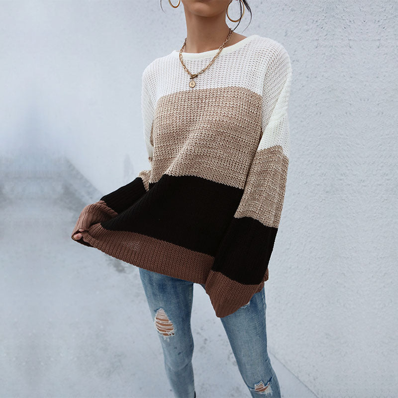 Damen Lässiger Farbblock-Strickpullover mit offener Maschenstruktur und Rundhalsausschnitt Drune