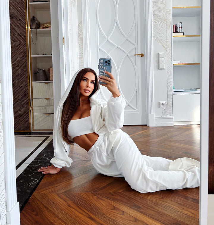 Damen nan kurzes Samt Trainingsset mit Reißverschluss Hoodie und weiter Bund Jogginghose Drune