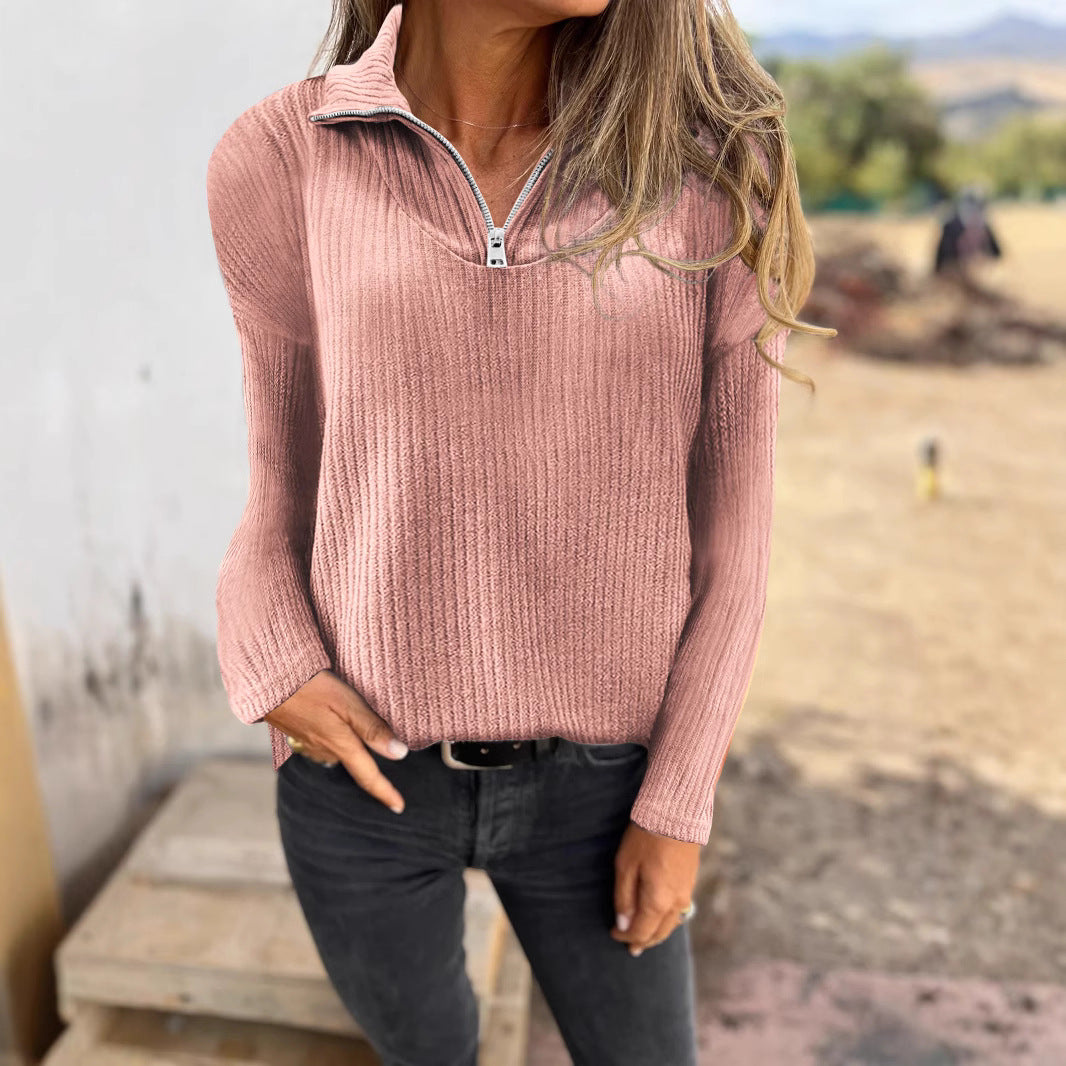 Damen Rippstrickpullover mit halbem Reißverschluss und Stehkragen Drune