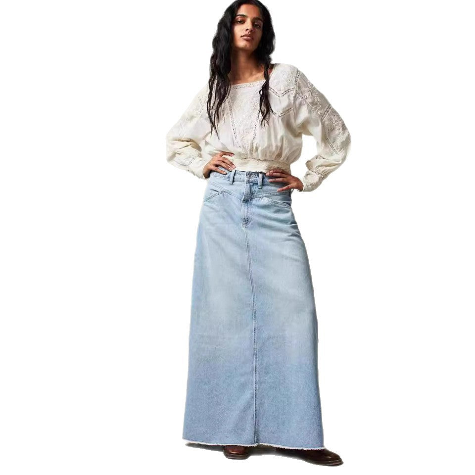 Damen Langer Denim-Rock mit hoher Taille und Taschen