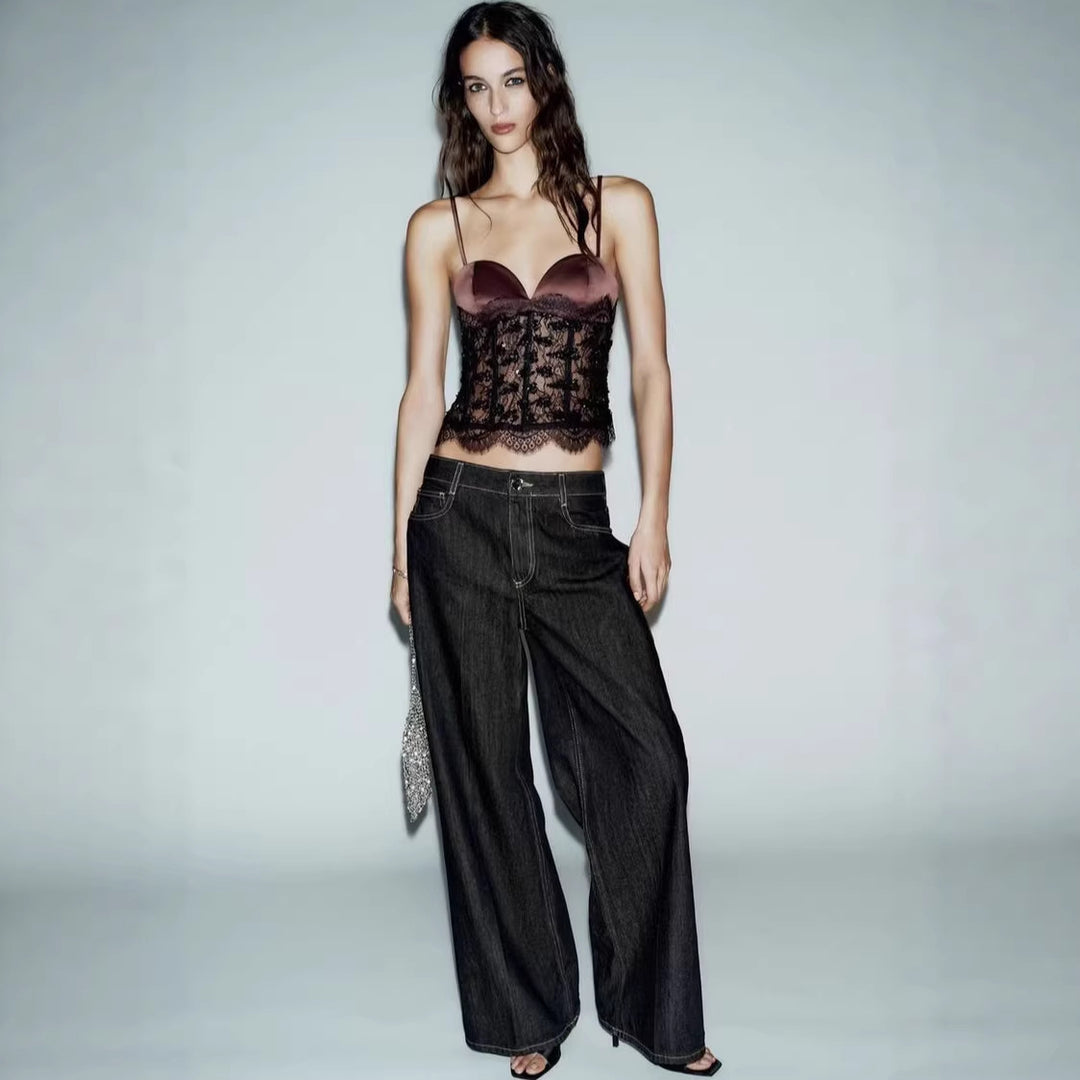 Damen Spitzen-Crop-Top mit herzförmigem Ausschnitt und eleganter Bundkante Drune
