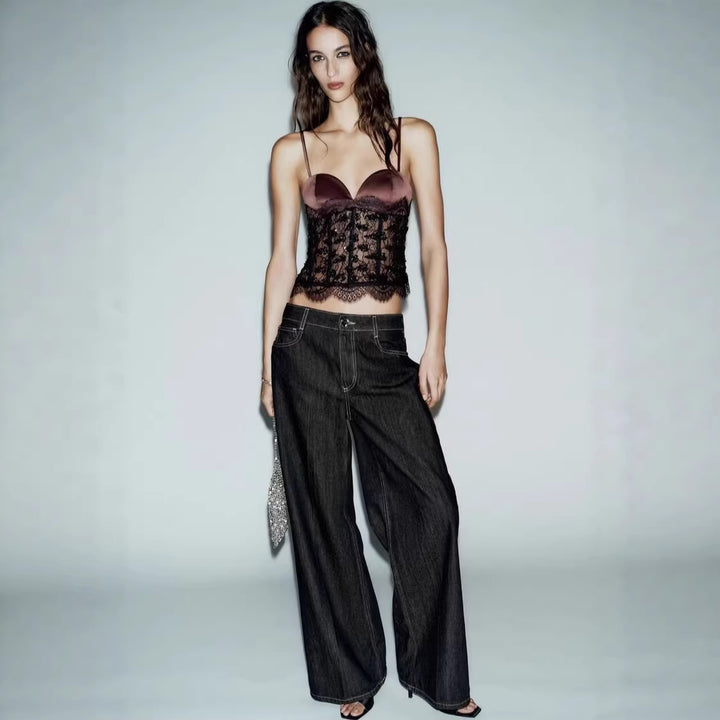 Damen Spitzen-Crop-Top mit herzförmigem Ausschnitt und eleganter Bundkante Drune