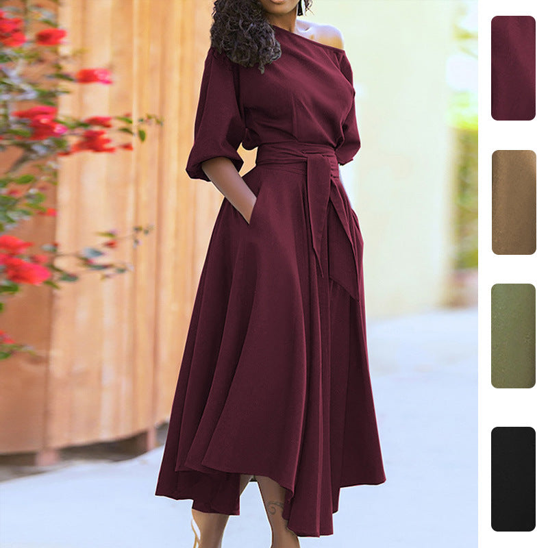 Damen Elegantes Maxi-Kleid mit schulterfreiem Design und Gürtel Drune
